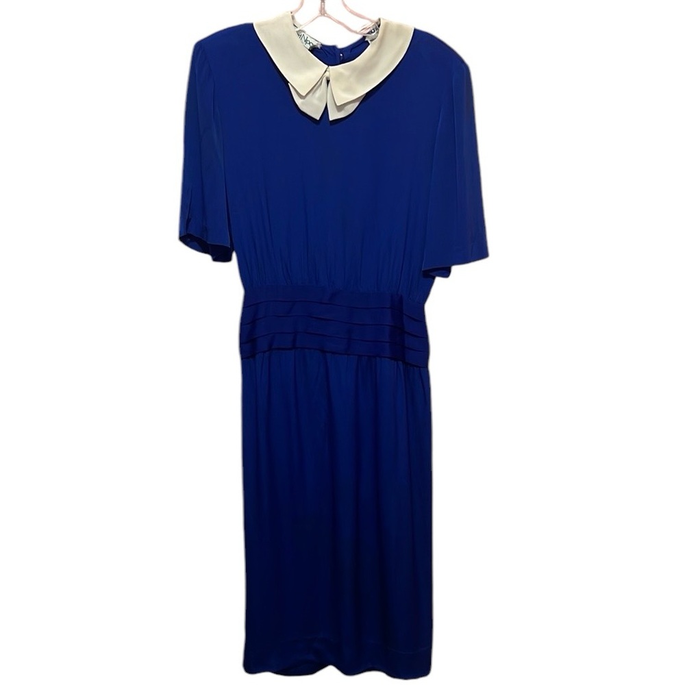 VTG Albert Nipon Blue Midi Sheath Dress Peter Pan Collar. Size 4